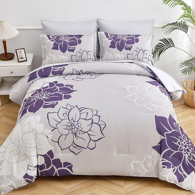 Purple Comforter Set King 7 Piece Bed in a Bag Purple Floral Comforter with Sheet Set Soft Micorfiber Reversible Bedding Set (1 Comforter,2 Pillow Shams,1 Flat Sheet,1 Fitted Sheet,2 Pillowcases) - LeafyLoom