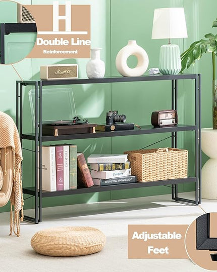 HCHQHS Bookshelf, 3-Tier Industrial Bookcase, Black Open Book Shelf, Freestanding Horizontal Bookshelves with Metal Frame - LeafyLoom