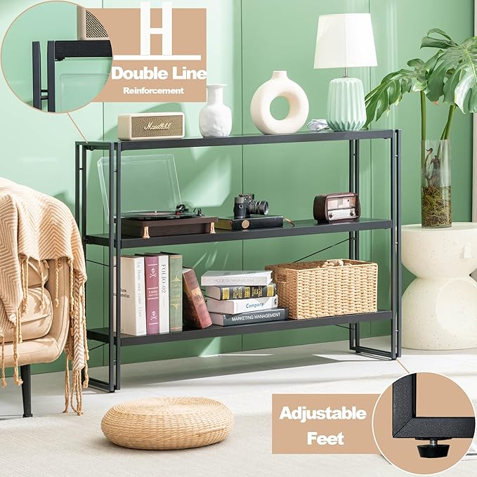 HCHQHS Bookshelf, 3-Tier Industrial Bookcase, Black Open Book Shelf, Freestanding Horizontal Bookshelves with Metal Frame - LeafyLoom