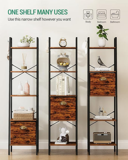 Narrow Bookshelf Bookcase with Drawer, Ladder Shelf with 2 Hooks, Bookshelves Storage Organizer, Freestanding Display Standing for Home Office, Bedroom, 5 Tier Rustic Brown BC19501B - LeafyLoom