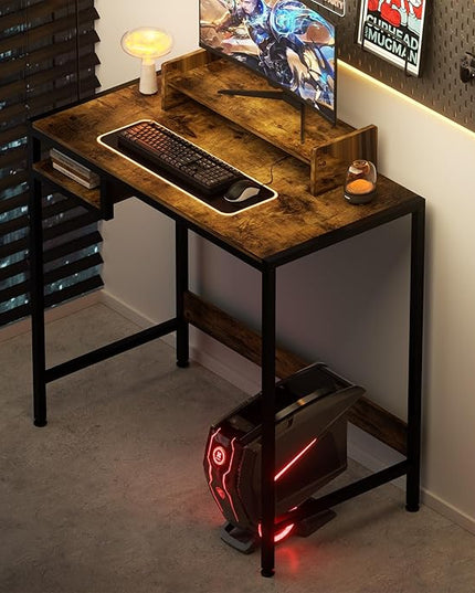 Computer Desk - 32 Inch Home Office Desk with Storage, Gaming Desk with Monitor Stand, Modern Simple Study Table, Adjustable Storage Space, Rustic - LeafyLoom