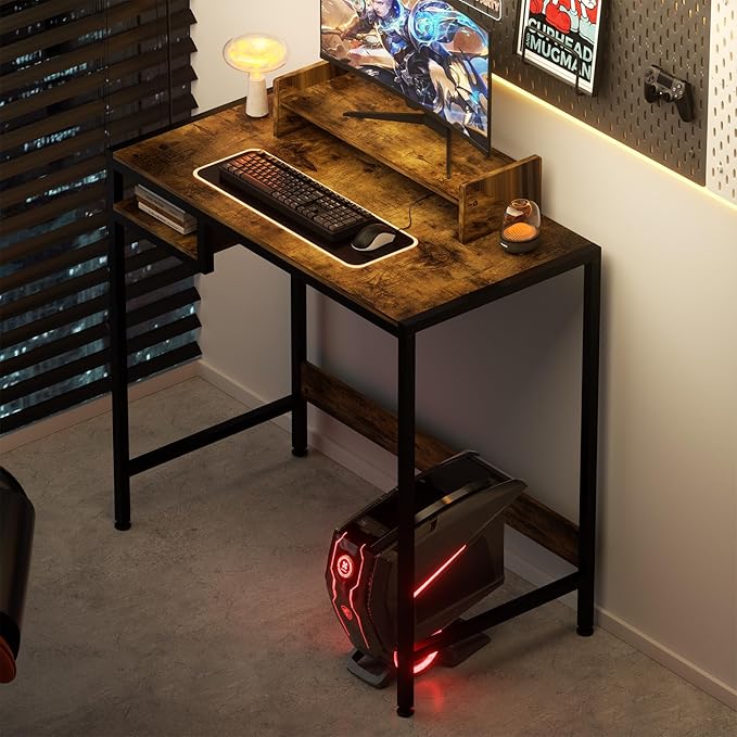 Computer Desk - 32 Inch Home Office Desk with Storage, Gaming Desk with Monitor Stand, Modern Simple Study Table, Adjustable Storage Space, Rustic - LeafyLoom
