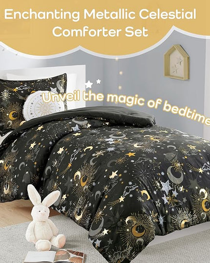 Mi Zone Kids Twin Comforter Set, Celestial Metallic Comforter Set Starry Sky, Moon & Sun Comforter, All Seasons Lightweight & Fluffy Comforter Bed Set, 1 Sham, Celia, Twin Charcoal/Gold 3 Piece - LeafyLoom