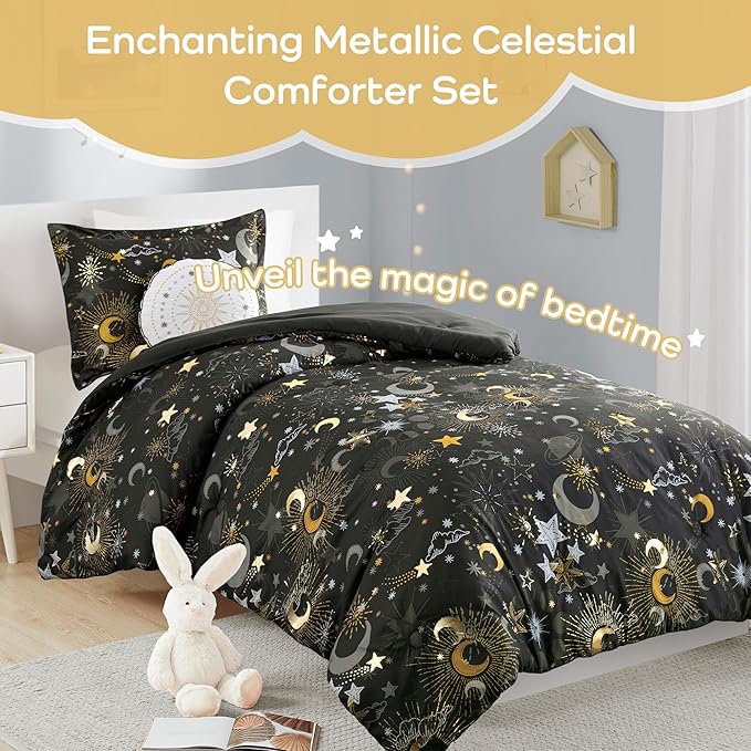 Mi Zone Kids Twin Comforter Set, Celestial Metallic Comforter Set Starry Sky, Moon & Sun Comforter, All Seasons Lightweight & Fluffy Comforter Bed Set, 1 Sham, Celia, Twin Charcoal/Gold 3 Piece - LeafyLoom