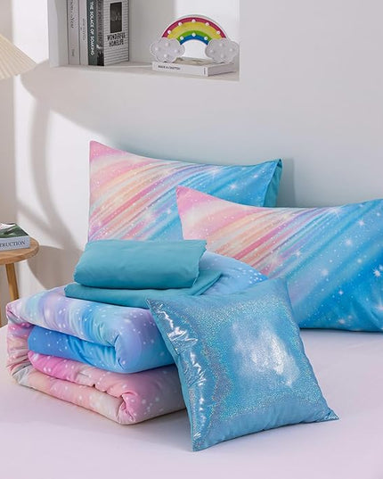 Btargot Super Soft 6 Pieces Gradient Star Ring Comforter Set, Colorful Glitter Rainbow Star Pattern Bedding Set for Boys Girls Teens, Full Light Blue - LeafyLoom