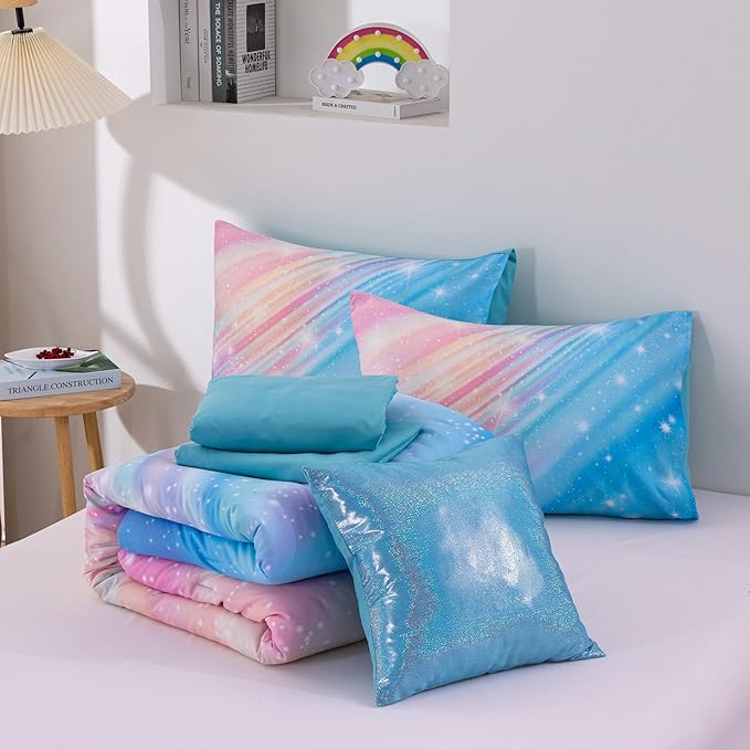 Btargot Super Soft 6 Pieces Gradient Star Ring Comforter Set, Colorful Glitter Rainbow Star Pattern Bedding Set for Boys Girls Teens, Twin Light Blue - LeafyLoom