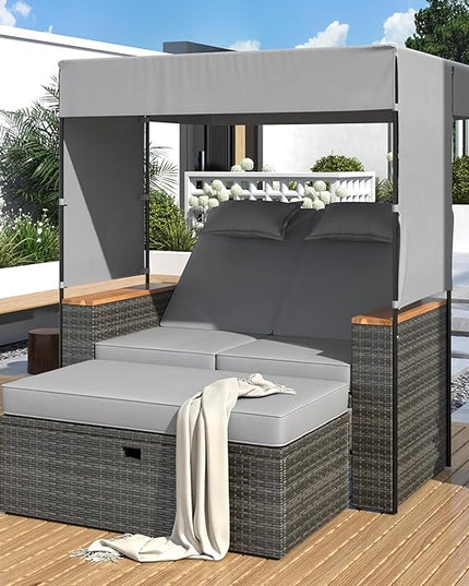 Outdoor Conversation, 2-Piece Patio Bench Rattan Roof Set, Effective UV Protection Waterproof Cushions and Adjustable Backrest for Garden, Backyard and Porch, Zg-Grey Wicker + Grey Fabric - LeafyLoom