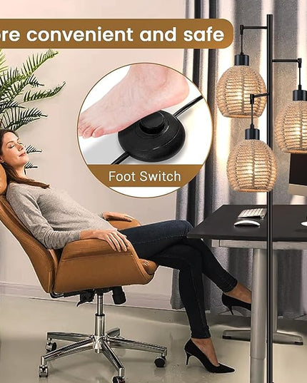 Rattan Floor Lamp for Living Room,Bedroom,Tree 3 Lights Boho Floor Lights Industrial Black Farmhouse Wicker Standing Lamp Rustic Tall Lamp,Woven Bamboo Lamp Shade Floor Lamps Bohemian - LeafyLoom