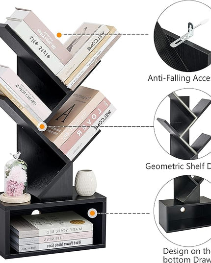 Hoctieon 3 Tier Tree Bookshelf, Small Bookcase with Drawer, Desktop Book Shelf, Display Floor Standing Storage Shelf, Book Organizer Shelves for Home Office, Black - LeafyLoom