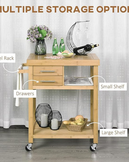 HOMCOM Bamboo Kitchen Island Cart on Wheels, Utility Trolley Cart with 2 Storage Drawers and Open Shelves, Natural - LeafyLoom