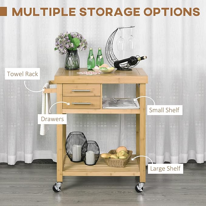 HOMCOM Bamboo Kitchen Island Cart on Wheels, Utility Trolley Cart with 2 Storage Drawers and Open Shelves, Natural - LeafyLoom