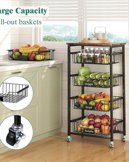 Kitchen Storage Cart with Wheels, 5-Tier Metal Utility Rolling Cart Fruit Vegetable Storage Basket Pantry Rack with Wood Top & Pull Out Baskets for Kitchen, Livingroom, Diningroom, Office - LeafyLoom