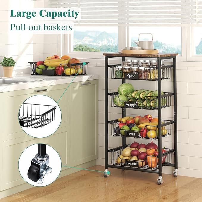 Kitchen Storage Cart with Wheels, 5-Tier Metal Utility Rolling Cart Fruit Vegetable Storage Basket Pantry Rack with Wood Top & Pull Out Baskets for Kitchen, Livingroom, Diningroom, Office - LeafyLoom