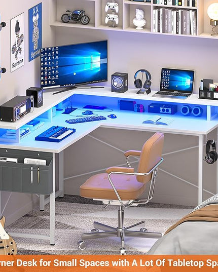 armocity L Shaped Computer Desk with Power Outlets, Gaming Desk L Shaped with LED Lights, Corner Desk with Storage Shelves, Work Study Desk for Bedroom, Home Office Small Spaces, 47'', White - LeafyLoom