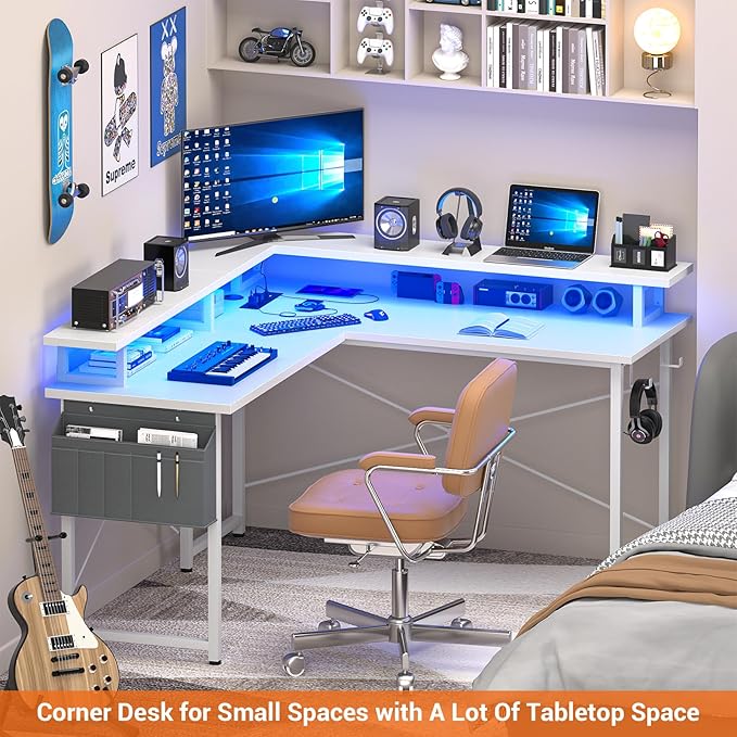 armocity L Shaped Computer Desk with Power Outlets, Gaming Desk L Shaped with LED Lights, Corner Desk with Storage Shelves, Work Study Desk for Bedroom, Home Office Small Spaces, 47'', White - LeafyLoom