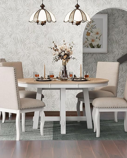 NicBex Round Dining Table Dining Room Set 5-Piece Farmhouse Dining Table Set Wood Round Extendable Dining Table and 4 Upholstered Dining Chairs for Set, Oak Natural Wood + Antique White - LeafyLoom