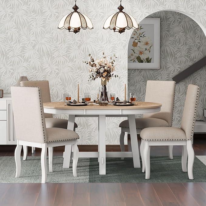 NicBex Round Dining Table Dining Room Set 5-Piece Farmhouse Dining Table Set Wood Round Extendable Dining Table and 4 Upholstered Dining Chairs for Set, Oak Natural Wood + Antique White - LeafyLoom