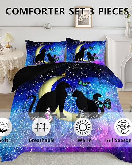 Black Cat Bedding Cartoon Cat Comforter Set Queen,Butterflies Moon Printed Kids Bedding Set for Kids Boys Girls Adults Teens,Kids Comforter Set All Season,1 Quilt 2 Pillow Cases,Blue - LeafyLoom