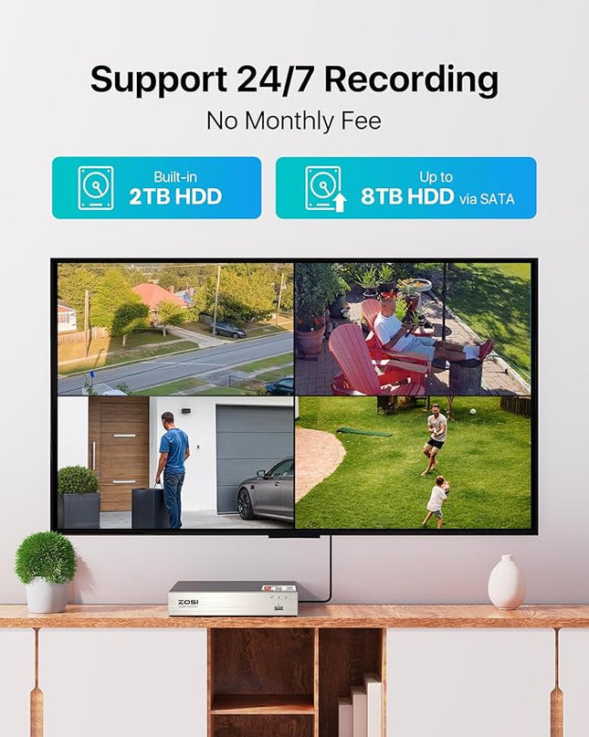 ZOSI 8CH 3K Lite Home Security DVR with 2TB HDD,AI Human/Vehicle Detection,Remote Access,Alert Push,H.265+ Hybrid 4-in-1 Wired Surveillance DVR for HD-TVI, CVI, CVBS, AHD 960H/720P/1080P CCTV Cameras ZOSI