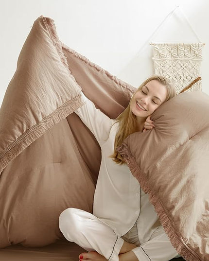 Andency Taupe Comforter Set Full Size, 3 Pieces Boho Tassel Lightweight Bedding Comforter Sets, Tan All Season Soft Fluffy Fringe Bed Set (79x90In Comforter & 2 Pillowcases) - LeafyLoom