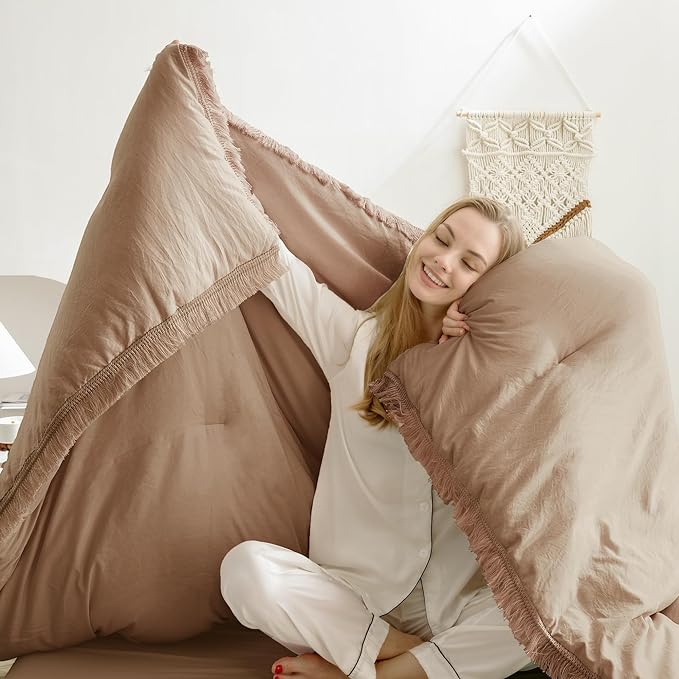 Andency Taupe Comforter Set Full Size, 3 Pieces Boho Tassel Lightweight Bedding Comforter Sets, Tan All Season Soft Fluffy Fringe Bed Set (79x90In Comforter & 2 Pillowcases) - LeafyLoom