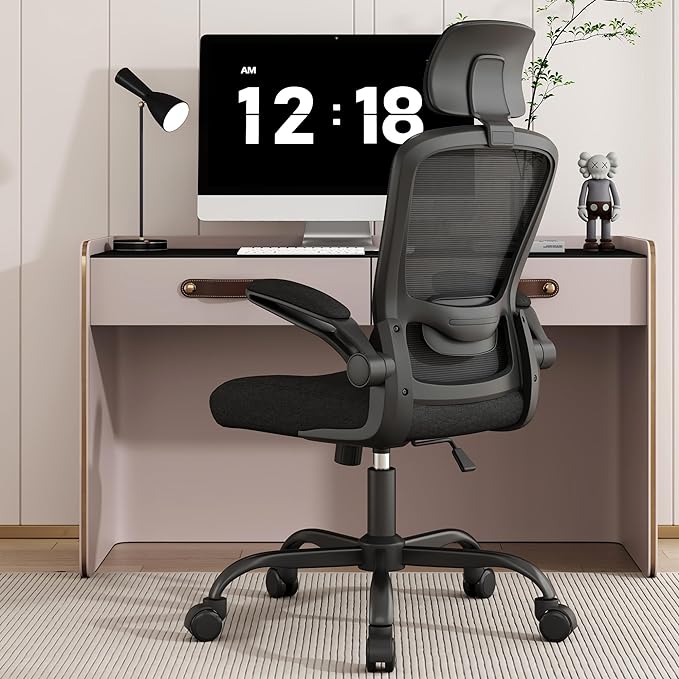 Mimoglad Home Office Chair, Ergonomic Desk Chair with Adjustable Lumbar Support, High Back Computer Chair- Adjustable Headrest with Flip-Up Arms, Swivel Task Chair for Home Office (Black) - LeafyLoom