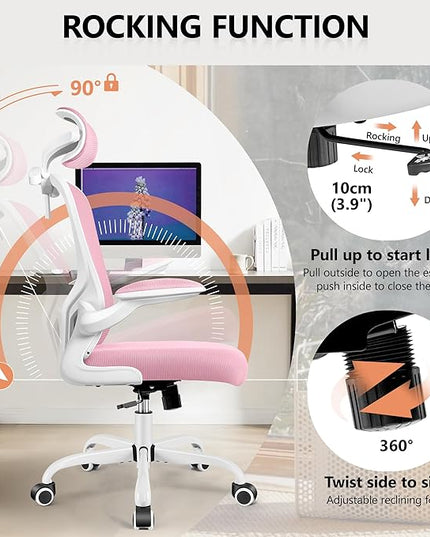 FelixKing Office Chair with Headrest, Ergonomic Desk Chair with Wheels, Task Swivel Comfy Chair with Adjustable Lumbar Support, Breathable Mesh Computer Chair with flip-up Armrests for Home (Pink) - LeafyLoom