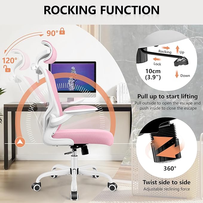 FelixKing Office Chair with Headrest, Ergonomic Desk Chair with Wheels, Task Swivel Comfy Chair with Adjustable Lumbar Support, Breathable Mesh Computer Chair with flip-up Armrests for Home (Pink) - LeafyLoom
