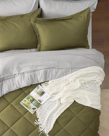 Bedsure Olive Green Queen Comforter Set - 7 Pieces Reversible Queen Bed in a Bag Queen Bed Set with Comforters, Sheets, Pillowcases & Shams, Queen Bedding Sets - LeafyLoom