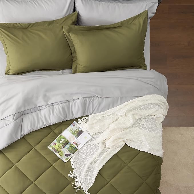 Bedsure Olive Green Queen Comforter Set - 7 Pieces Reversible Queen Bed in a Bag Queen Bed Set with Comforters, Sheets, Pillowcases & Shams, Queen Bedding Sets - LeafyLoom