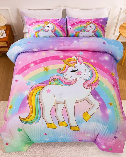 Aimuan Girls Unicorn Comforter Set 3 Pieces Pink Purple Bedding Set with Rainbow Star Galaxy Stars Fantasy Children Room Decor Soft Reversible Bed Sets for Boys/Girls/Teens (Rainbow Twin3Pcs) - LeafyLoom