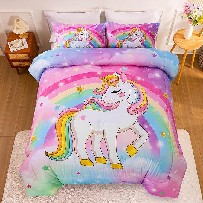 Aimuan Girls Unicorn Comforter Set 3 Pieces Pink Purple Bedding Set with Rainbow Star Galaxy Stars Fantasy Children Room Decor Soft Reversible Bed Sets for Boys/Girls/Teens (Rainbow Twin3Pcs) - LeafyLoom