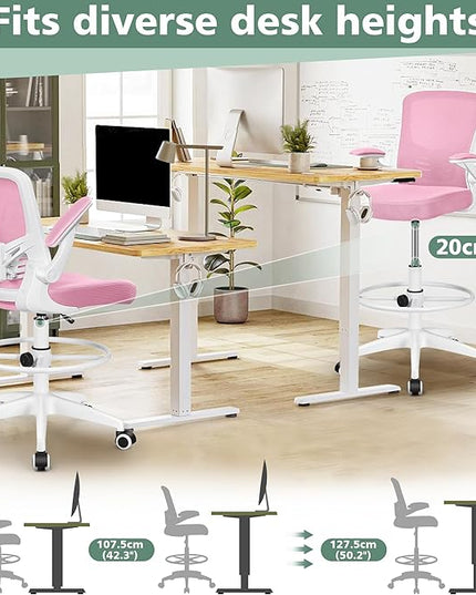 MINLOVE Ergonomic Drafting Office Chair, Tall Office Chair with Flip-up Armrests Executive Ergonomic Computer Standing Desk Chair with Lumbar Support and Adjustable Footrest(Pink) - LeafyLoom
