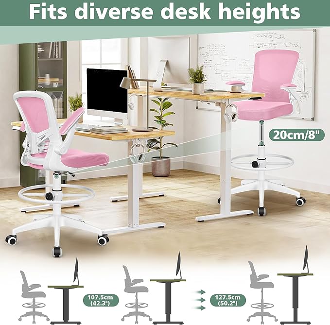 MINLOVE Ergonomic Drafting Office Chair, Tall Office Chair with Flip-up Armrests Executive Ergonomic Computer Standing Desk Chair with Lumbar Support and Adjustable Footrest(Pink) - LeafyLoom