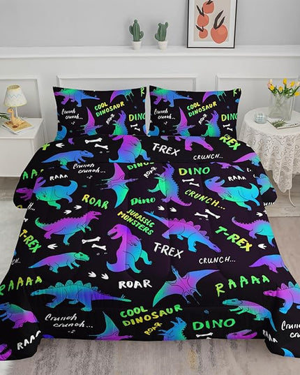 Axolotl Cartoon Dinosaur Bedding Set,Twin Size Kids Bed Set,Gradient Dinosaur Comforter Set,1 Quilt with 2 Pillowcases for Boys Girls Kids Teens Children Adults Room Decor All Season,Black - LeafyLoom