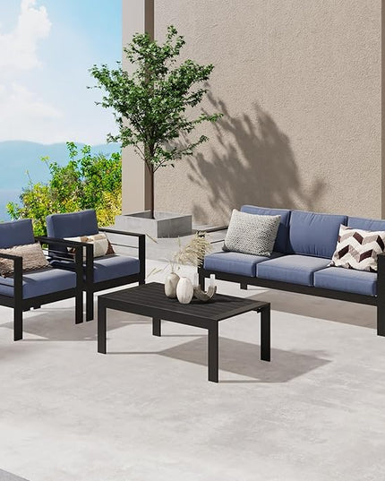 Wisteria Lane Aluminum Outdoor Patio Furniture Set, 4 Pcs Modern Outdoor Conversation Set Sectional Sofa with Upgrade Cushion and Coffee Table for Balcony,Black Frame and Blue Cushion - LeafyLoom