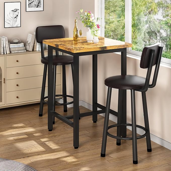 Recaceik 3 Piece Pub Dining Set, Modern bar Table and Stools for 2 Kitchen Counter Height Wood Top Bistro Easy Assemble for Breakfast Nook Living Room Small Space Restaurant, Rustic Brown 24” - LeafyLoom
