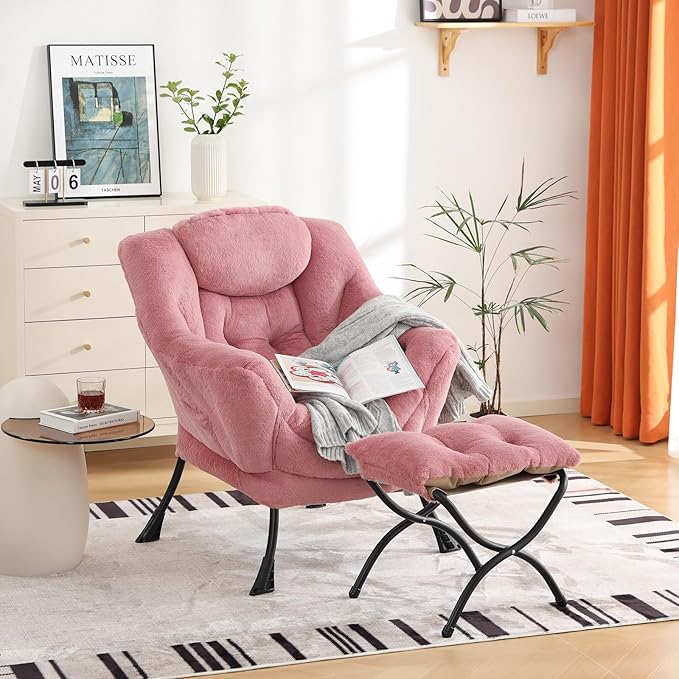Cozy Lazy Chair and Ottoman, Large Contemporary Accent Lounge Chair Set, Leisure Upholstered Reading Armchair for Bedroom, Living Room, Dorm Rooms, Office - LeafyLoom