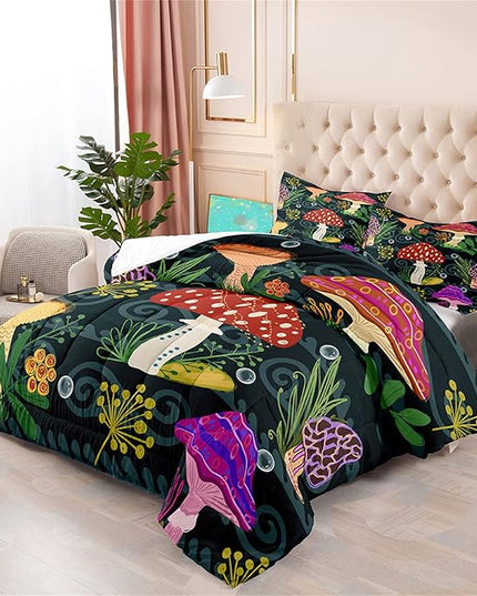 Mushroom Comforter for Girls Boys Teen, Cartoon Fungus Bedding Set Full Size, Cute Plants Pattern Black Comforter Set Soft Breathable Microfiber Quilt for All Season 3Pcs with Pillowcases - LeafyLoom