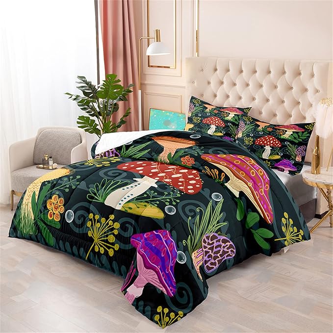 Mushrooms Bedding Set Twin Size, Cartoon Fungus Comforter for Girls Boys Teens, Black Lovely Quilt Botanic Pattern Comforter Set Soft Breathable Cute Duvet Set for All Season 2Pcs with Pillowcase - LeafyLoom