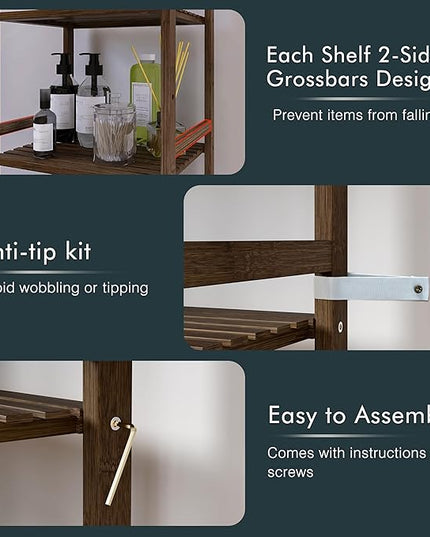 Bamboo Book Shelf, Tall Narrow Bookcase, Bathroom shelving Unit 5 tier Floor Standing Adjustable Bookshelf for Small Spaces, Walnut - LeafyLoom