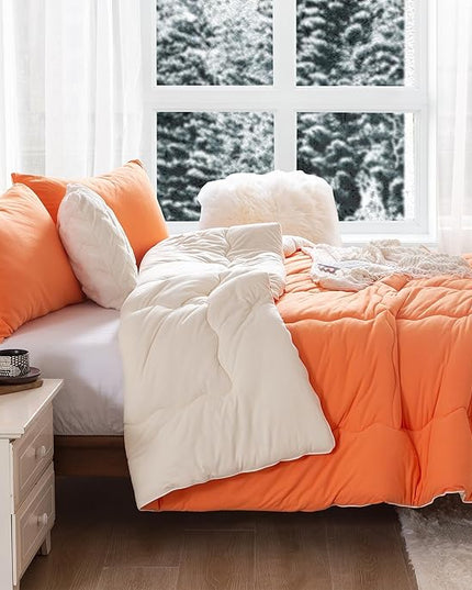 COTTEBED Warm Reversible Ultra-Soft Burnt Orange and Beige Comforter Set Queen, Breathable Fluffy Bedding Down Comforters Sets &2 Pillowshams for Women Girls Winter, Full/Queen Size Bed - LeafyLoom