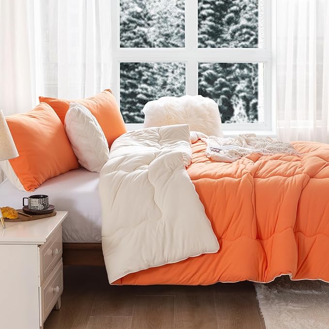 COTTEBED Warm Reversible Softness Burnt Orange and Beige King Size Comforter Sets Clearance, California King Soft Fully Breathable Bedding Down Comforter and Pillowsham for Women Winter King/Cal King - LeafyLoom