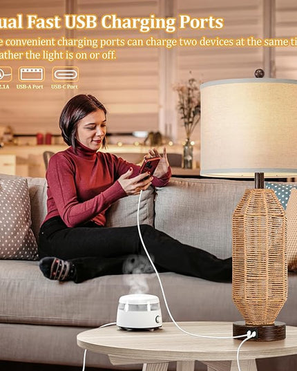 27.5” Tall Rattan Table lamps Set of 2, Wicker Lamps with USB C+A Ports, Farmhouse Boho Bedside Lamps with Linen Lampshade, Rotary Switch Nightstand Lamps for Bedroom Living Room A19 LED Bulb Included - LeafyLoom