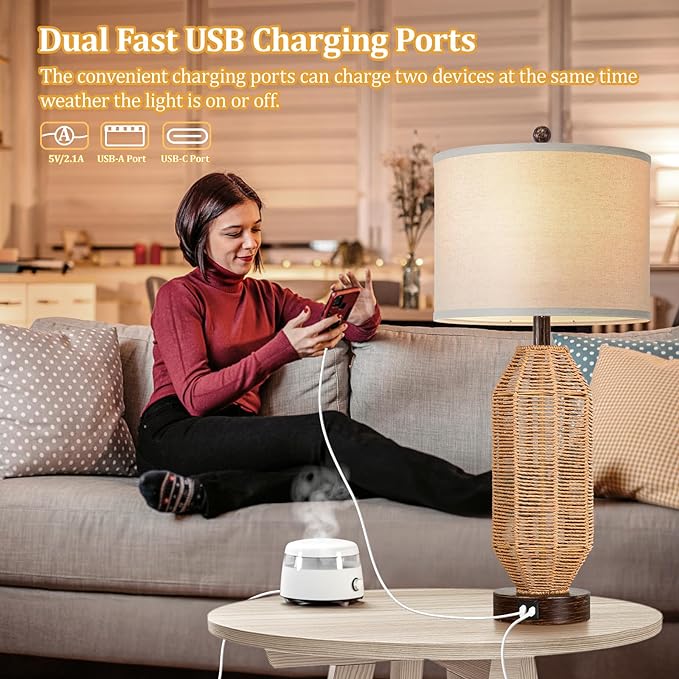 27.5” Tall Rattan Table lamps Set of 2, Wicker Lamps with USB C+A Ports, Farmhouse Boho Bedside Lamps with Linen Lampshade, Rotary Switch Nightstand Lamps for Bedroom Living Room A19 LED Bulb Included - LeafyLoom