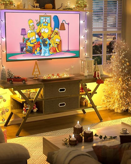 TV Stand for 55''/65'' TV - LED TV Stands with Power Outlets, TV Entertainment Center with Storage, Modern Gaming TV Stand with Drawers for Bedroom, Entertainment Stand for Living Room, Gray & Black - LeafyLoom