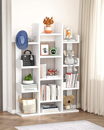 Aheaplus Bookshelf, Tree-Shaped Bookcase Storage Shelf with 13 compartments, Books Organizer Display Cube Shelves, Industrial Free Floor Standing Wood Open Bookshelves for Home, White - LeafyLoom