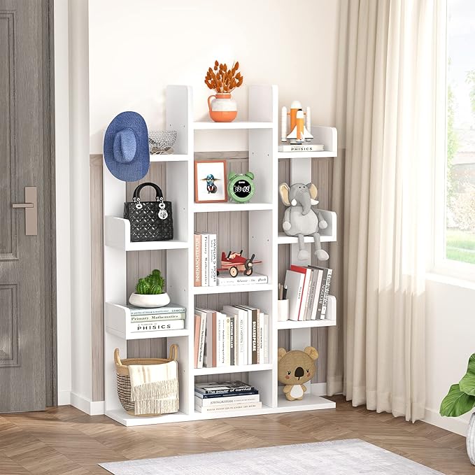 Aheaplus Bookshelf, Tree-Shaped Bookcase Storage Shelf with 13 compartments, Books Organizer Display Cube Shelves, Industrial Free Floor Standing Wood Open Bookshelves for Home, White - LeafyLoom