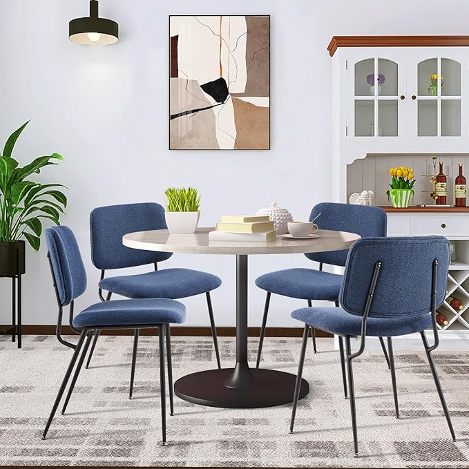 COLAMY Modern Upholstered Fabric Dining Room Accent Diner Stylish Kitchen Chairs with Solid Metal Legs, set of 4, Blue - LeafyLoom