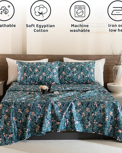 QSH Floral Egyptian Cotton Sheets King Size - Floral Bedding Sheets Botanical Pattern Printed Bedding King Size Bed Sheets 17.5" Extra Deep Pocket 4pcs - LeafyLoom